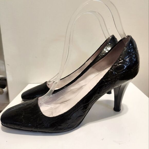 Emilio Pucci Black Patent Leather Croc Print Square Toe Pumps Sz.6.5/36.5 $595 - Picture 1 of 10